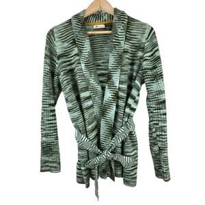 OVLA Size L Green Gray Geometric Belted Cardigan Sweater